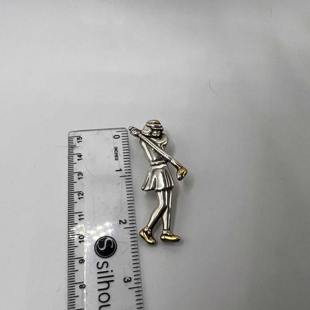 Vintage Sterling Silver 925‎ & Gilt Gold Accent Golfing Woman Pendant Brooch